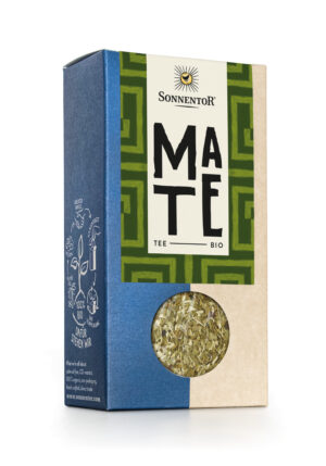Schachtel SONNENTOR TEE MATE BIO LOSE im grün-blauen Design mit transparentem Fenster, durch das die getrockneten Teeblätter im Inneren sichtbar sind.