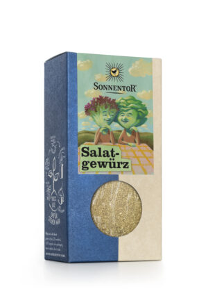 Die Verpackung von SONNENTOR SALAT GEWÜRZ zeigt zwei Blattfiguren an einem Tisch. Die Schachtel ist blau und beige und hat ein kleines Fenster, durch das die Gewürze im Inneren zu sehen sind.