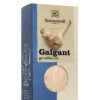 Auf der Verpackung von SONNENTOR BIO GALGANT GEMAHLEN ist die Galgantwurzel abgebildet und durch ein Sichtfenster ist das darin enthaltene Bio-Pulver sichtbar.