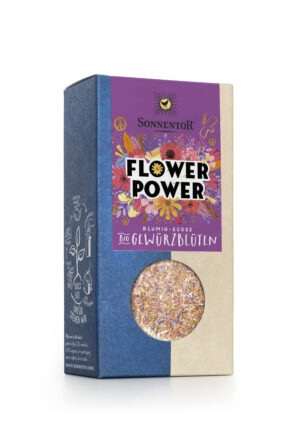 Eine Packung SONNENTOR FLOWER POWER GEWÜRZBLÜTENMISCHUNG mit farbenfroher Illustration und Sichtfenster auf den Inhalt.