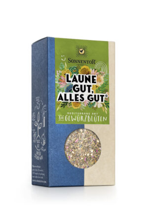 Eine Schachtel mit SONNENTOR GEWÜRZBLÜTEN „LAUNE GUT, ALLES GUT“ Bio-Gewürzblüten im mediterranen Stil, mit Sichtfenster zum Inhalt.