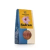 Eine blau-beige Packung Bio-Safranfäden von SONNENTOR SAFRAN FAEDEN mit dem Bild einer violetten Safranblüte und einem transparenten Fenster, durch das der Inhalt sichtbar ist.