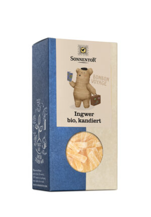 Schachtel SONNENTOR INGWER KANDIERT mit einem Bären, der ein Gepäck hält, mit der Aufschrift „BONBON VOYAGE“.