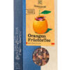 Schachtel SONNENTOR ORANGE LOSE FRÜCHTETEE mit orangefarbener Illustration, klarem Fenster zur Anzeige des getrockneten Tees und deutschem Text auf der Verpackung.