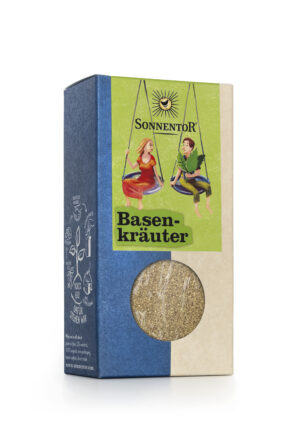 Eine Schachtel SONNENTOR BASEN KRÄUTER GEWÜRZMISCHUNG mit rundem Sichtfenster gibt den Blick auf den Kräuterinhalt frei. Auf der Verpackung sind zwei Kinder auf Schaukeln abgebildet.