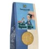 Eine blau-beige Verpackung mit der Aufschrift „SONNENTOR TOFU GEWÜRZ“ und der Abbildung einer Frau mit Essstäbchen und einem Regenschirm.