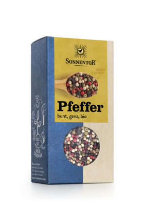 Schachtel SONNENTOR PFEFFER BUNT Bio-Pfeffermischung ganz mit rundem Sichtfenster zur Sicht auf den Inhalt.