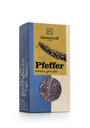 Schachtel SONNENTOR PFEFFER SCHWARZ GANZ mit klarem Fenster, durch das ganze schwarze Pfefferkörner sichtbar sind.