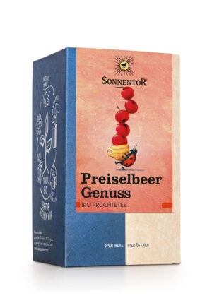 Schachtel mit SONNENTOR GENUSS FRÜCHTETEE PREISELBIER, auf der Vorderseite eine Illustration von in einem Becher gestapelten Preiselbeeren.