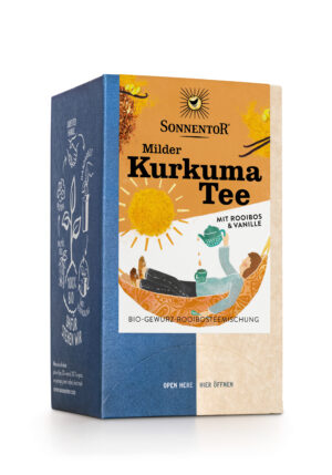Schachtel SONNENTOR KURKUMA TEE GOLD mit Kurkuma, Rooibos und Vanille. Die Verpackung ist kunstvoll gestaltet und mit umweltfreundlichen Symbolen versehen.