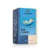 Eine blau-beige Schachtel Bio-Kräutertee SONNENTOR LOSLASSEN KRÄUTERTEE mit der Abbildung einer Person, die auf einem Seerosenblatt im Wasser schwimmt.