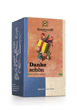 Schachtel SONNENTOR KRÄUTERTEE DANKESCHÖN Bio-Kräutertee, verziert mit einer skurrilen Illustration eines Mädchens, das eine Geschenkschachtel hält, und Nachhaltigkeitssymbolen.