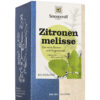 Eine Schachtel SONNENTOR TEE ZITRONENMELISSE mit abgebildeten Zitronenmelissenblättern auf der Verpackung.