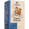 Die Schachtel von SONNENTOR TEE INGWER KURKUMA zeigt ein Design mit zwei Ingwer- und Kurkuma-Maskottchen, die Fahrrad fahren.