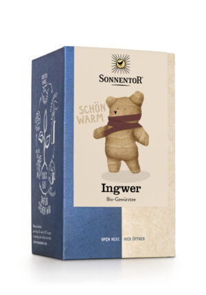 Die SONNENTOR TEE INGWER Ingwertee-Box zeigt eine bezaubernde Bären-Illustration im Schal, beschriftet mit „Schön Warm“ und „Ingwer Bio-Gewürztee“.
