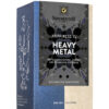 Eine Schachtel SONNENTOR HAPPINESS IS HEAVY METAL TEE mit Schwarzkümmel, Rooibos und schwarzer Stockrose, geschmückt mit grafischen Illustrationen und deutschem Text.