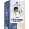 Schachtel SONNENTOR TEE SCHLAFENGEHEN Bio-Kräutertee mit Abbildung eines Kindes auf einer Mondsichel und Verpackungsdetails auf der Seite.