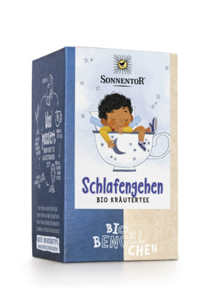 Schachtel SONNENTOR TEE SCHLAFENGEHEN Bio-Kräutertee mit Abbildung eines Kindes auf einer Mondsichel und Verpackungsdetails auf der Seite.