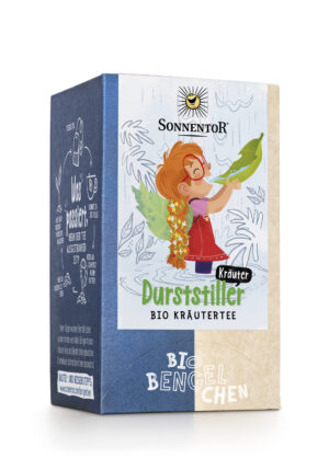 SONNENTOR DURSTSTILLENDER KRÄUTERTEE Kräutertee-Box mit farbenfroher Illustration eines Kindes, das auf ein großes Blatt bläst, mit Branding und dem Text „Durststiller Kräuter Bio Kräutertee“.