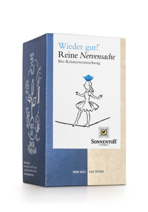 Eine Schachtel SONNENTOR WIEDER GUT! REINE NERVENSACHE TEE NERVEN Bio-Kräutertee, verziert mit der Illustration einer Person im Kleid mit blauem Hut.