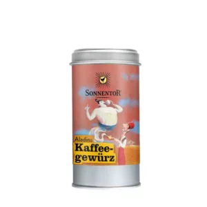 Dose SONNENTOR KAFFEE GEWÜRZMISCHUNG mit einem Geist und einem Mann auf dem Etikett, vor einem rosa Himmelshintergrund.