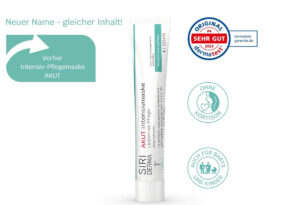 Tube der Creme „SIRIDERMA INTENS-MSK AKUT“ mit Zertifizierungen, dem Schwerpunkt „Ohne Kortison“ und für Babys und Kinder geeignet.