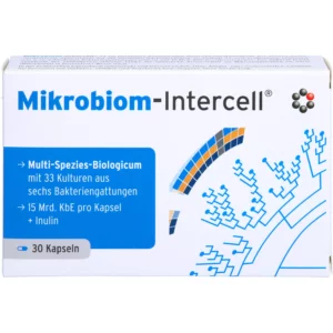 Schachtel mit MIKROBIOM INTERCELL Kapseln, die den Produktnamen, die wichtigsten Angaben zu den Bakterienkulturen und den Inhaltsstoffen sowie eine blaue und orangefarbene stilisierte Mikrobengrafik enthält.