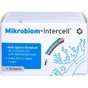 Schachtel mit MIKROBIOM INTERCELL KPS Kapseln mit blau weißem Design, deutschen Produktdetails und einer stilisierten Mikrobenbaum Grafik auf der Vorderseite.