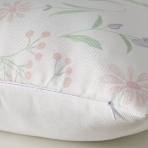 Nahaufnahme des DEKO KISSEN BLOSSOM, ein weißes Kissen mit pastellfarbenem Blumenmuster und sichtbarem Reißverschluss am Rand.