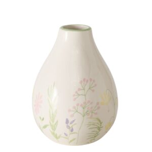 Die DEKO BLOSSOM VASE STEINGUT ist eine weiße Keramikvase mit schmaler Öffnung, die ein pastellfarbenes Blumen und Blattmotiv aufweist.