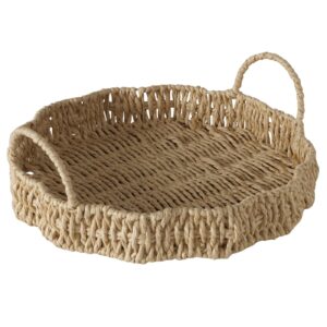 Das DEKO TABLETT WAVY ist ein rundes, geflochtenes Korbtablett mit erhöhten Seiten und zwei Griffen, das aus naturfarbenem, geflochtenem Material hergestellt wird.