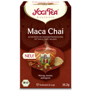 Die 35,7 g-Box von YOGI TEA BIO MACA CHAI zeigt eine dampfende Tasse mit Gewürzen, enthält 17 Bio-Teebeutel und ist in den Farben Rot, Gold und Braun gehalten.