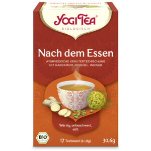 Schachtel YOGI TEA BIO N.DEM ESS 30,6G mit einer Tasse Tee mit Ingwer, Kardamom, Fenchel und deutschem Text zu Aromen und Zutaten.
