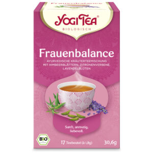 Die rosa-weiße Schachtel von YOGI TEA BIO Frauen Balance mit der Aufschrift „Frauenbalance“ zeigt eine Teetasse mit Kräutern. Sie enthält 17 Teebeutel (30,6 g) und enthält Zitronengras, Eisenkraut und Lavendel. Am Boden befindet sich ein Bio-Zertifizierungslogo.