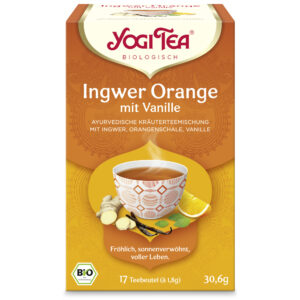 Die Verpackung von YOGI TEA BIO Ingwer Orange mit Vanille zeigt eine Teetasse mit Ingwer-, Orangen- und Vanillebildern, enthält 17 Teebeutel und wiegt insgesamt 30,6 g.