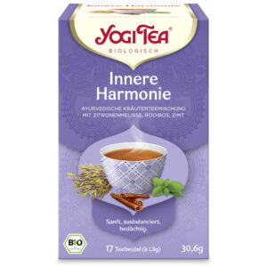 Eine Schachtel YOGI TEA BIO Innere Harmonie, dekoriert mit einem Lavendeldesign und mit Tee, Kräutern, Zimtstangen und Minzblättern. Sie enthält 17 Teebeutel mit einem Gesamtgewicht von 30,6 g.