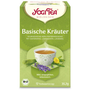 Eine Schachtel YOGI TEA BIO Basische Kräuter 35,7 g mit 17 Bio-Teebeuteln, abgebildet ist eine dampfende Tasse, umgeben von Lavendel und Löwenzahn.
