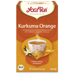 Die Schachtel von YOGI TEA BIO Kurkuma Orange zeigt eine dampfende Tasse mit Kurkuma-, Orangen- und Vanillezutaten. Sie ist als Bio-Produkt gekennzeichnet und enthält 17 Teebeutel mit insgesamt 34 g.