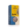 Eine Schachtel SONNENTOR BIO ANIS mit rundem Sichtfenster, durch das die Samen sichtbar sind. Die Verpackung ist blau und gelb, der Markenname und die Produktdetails sind in Schwarz abgedruckt.