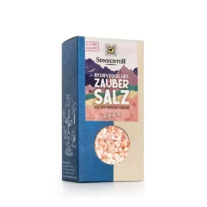 Schachtel SONNENTOR Ayurvedisches Zaubersalz für Mühle, grobes Salz aus Punjab, mit einem kleinen Fenster, in dem rosa Salzkristalle zu sehen sind.