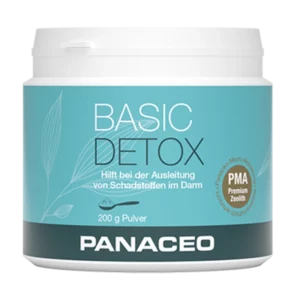 Die 200 g Dose PANACEO PLV BASIC DETOX mit Blattmotiv und deutscher Beschriftung soll die Entgiftung des Darms unterstützen.