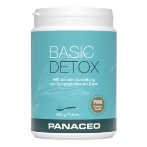 Eine 400 g Dose PANACEO PLV BASIC DETOX trägt ein blaugrünes Etikett mit deutschem Text, der darauf hinweist, dass sie den Abbau von Giftstoffen im Darm unterstützt.