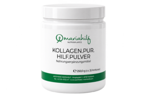 Weißer Behälter mit der Aufschrift „MH KOLLAGEN.PUR.HILF 35344“, einem Kollagen Nahrungsergänzungsmittel in Pulverform (250 g), mit Text in deutscher Sprache und Kontaktangaben auf dem Etikett.