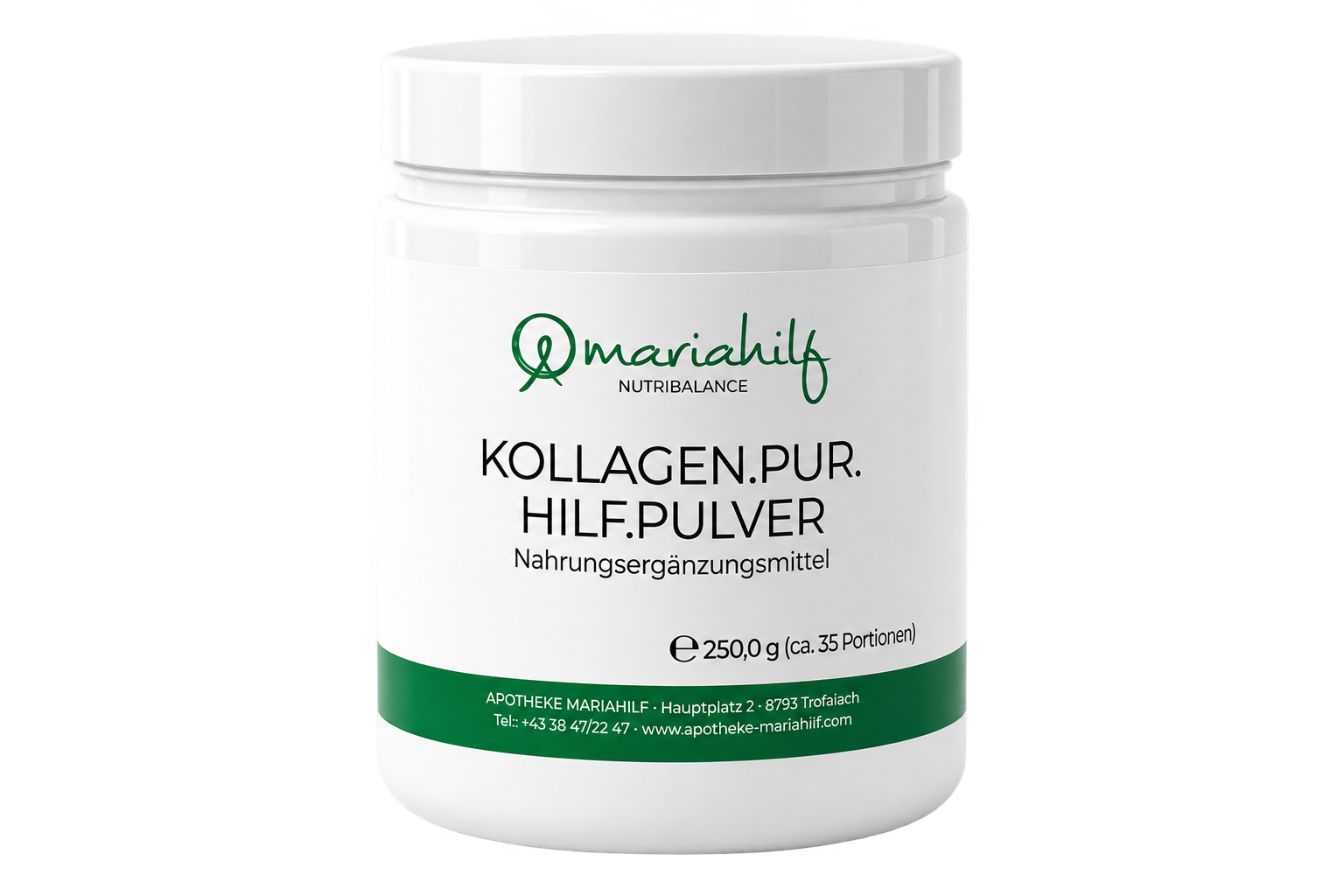 Weißer Behälter mit der Aufschrift „MH KOLLAGEN.PUR.HILF 35344“, einem Kollagen Nahrungsergänzungsmittel in Pulverform (250 g), mit Text in deutscher Sprache und Kontaktangaben auf dem Etikett.