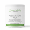 Weißer Behälter mit der Aufschrift „MH ALLES.GRüN.HILF“, ein Nahrungsergänzungsmittel à 300 g mit Vitaminen, Mineralstoffen, pflanzlichen Inhaltsstoffen und Süßungsmitteln; 30 Portionen.