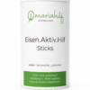 Ein zylindrischer Behälter mit der Aufschrift „MH EISEN.AKTIV.HILF STICK“, gekennzeichnet als vegan, laktosefrei und glutenfrei, mit Angaben zur Apotheke am Boden.
