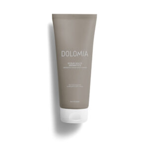 Eine graue Tube mit der Aufschrift „DOLOMIA PHYTO BODY KÖRPERPEELING AROMA“ auf weißem Hintergrund.