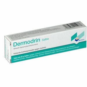 Schachtel DERMODRIN SALBE, eine Antihistamin-Creme mit Diphenhydraminhydrochlorid, zur Linderung von Juckreiz und allergischen Reaktionen.