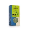 Schachtel SONNENTOR BIO DILL GESCHNITTEN in grün-blauer Verpackung mit klarem Fenster, durch das der Inhalt sichtbar wird.