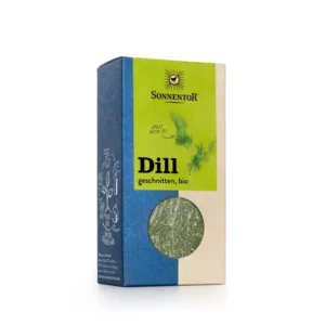 Schachtel SONNENTOR BIO DILL GESCHNITTEN in grün-blauer Verpackung mit klarem Fenster, durch das der Inhalt sichtbar wird.